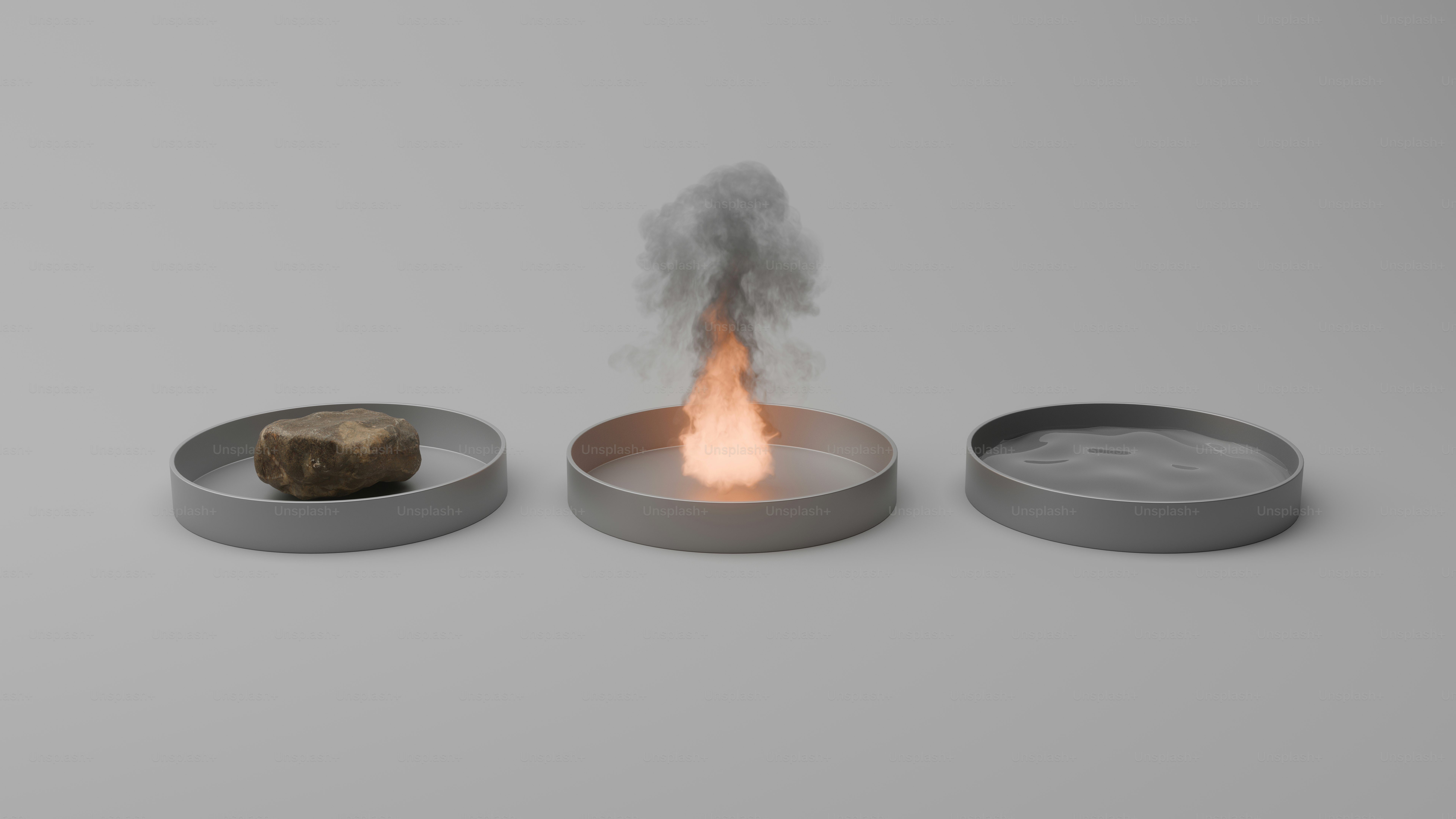 A rock burns, emitting smoke and flame.